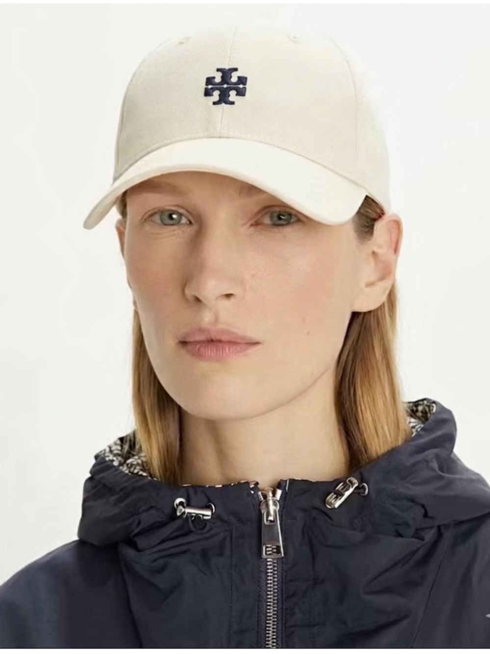Tory Burch Cream Baseball Cap with Navy Logo